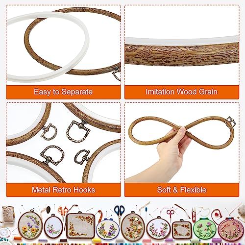 PATIKIL 4 Pieces Embroidery Hoops Set Imitated Wood Frame Circle Oval