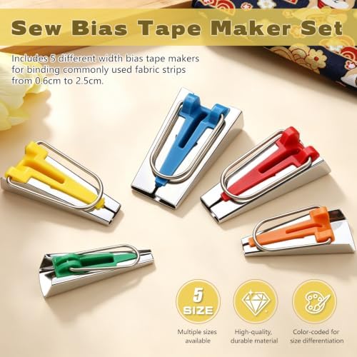 5 Sizes Bias Tape Makers Kit, 1/4" 3/8" 1/2" 3/4" 1" DIY Quilting