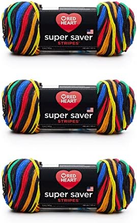 Red Heart Super Saver Primary Stripes Yarn - 3 Pack of 141g/5oz