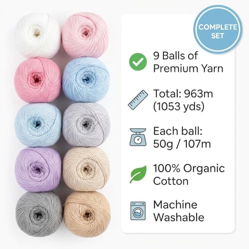 100% GOTS Organic Cotton Yarn - 9 Pastel Colors Box Set