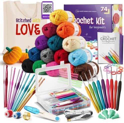 Hearth & Harbor Crochet Kit with 1500 Yards Assorted Yarn Kit, Ergonomic Hooks, Crocheting Instruction, Knitting & Crochet Supplies - Field & Needlecraft
