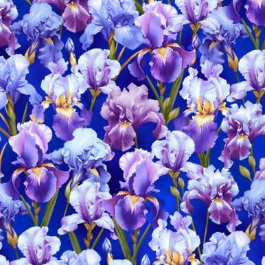 Henry Glass Deep Purple Irises Cotton Fabric by the Yard, Digitally