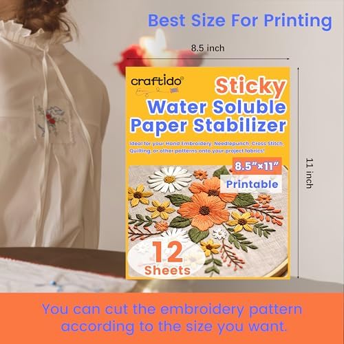 Craftido 8.5"x11" 12PCS Sticky Water Soluble Embroidery Stabilizer
