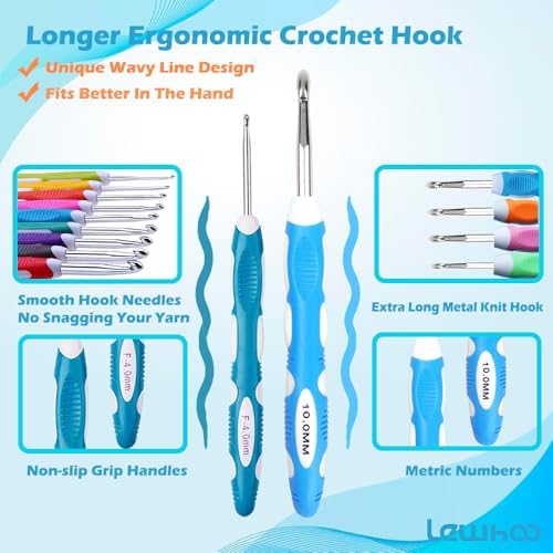 Lewhoo 13 Size Ergonomic Crochet Hooks Set with Case, 2.0mm -10.0mm