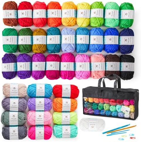 INSCRAFT 48 PCS Crochet Yarn Kit, 1400 Yards 40 Colors Acrylic Yarn Skeins, 2 Crochet Hooks, 2 Weaving Needles, 4 Stitch Markers, 1 Bag - Field & Needlecraft