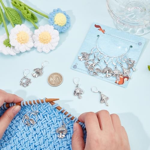 NBEADS 16 Pcs Stitch Markers, Antique Silver 8 Styles Mushroom Crochet