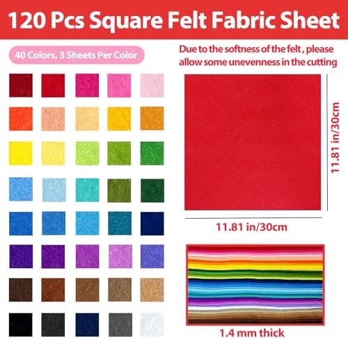 120 Pcs Soft Felt Squares Sheets Bulk, 12"x12", 1.4MM Thick