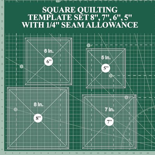 Square Quilting Template Set, 5", 6", 7", 8" with 1/4" Seam Allowance