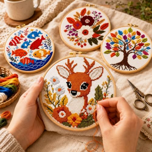 Zhenqing 4 Pack Nature Stamped Cross Stitch Kit for Adults and