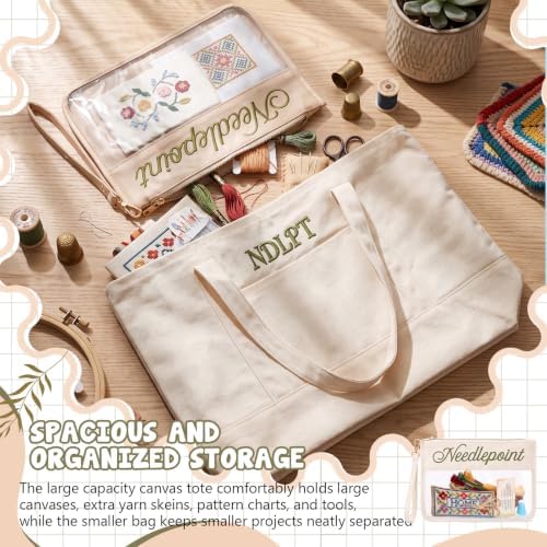 Shinylin 2 Pcs Needlepoint Project Bag, Embroidery Pouch, Beige