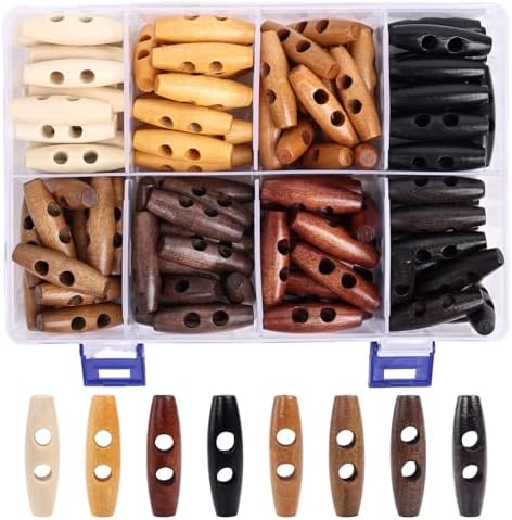 Wooden Toggle Buttons, 128 Pcs Oval Wooden Buttons for Sewing, Coat