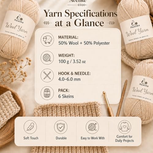 Aeelike Wool Blend Yarn for Knitting & Crochet, #4 Medium Weight