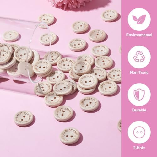 100pcs Natural Wooden Flat Round Buttons Blanched Almond 2 Hole Word