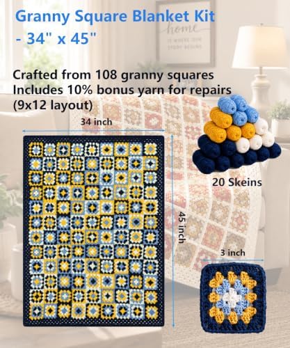 Kitcroet Granny Square Blanket Crochet Kit for Beginners, Easy Crochet