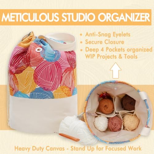 YAWIKO Yarn Bag, Multi-Functional Crochet Bag Organizer, Canvas Yarn