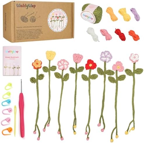 WaldyWop Crochet Kit for Beginners: 8 Flower Bookmarks Knitting Kit w/Video - Field & Needlecraft