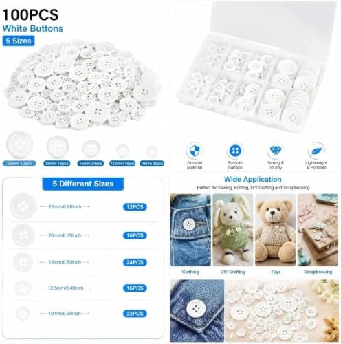 ilauke White Buttons 100 Pcs Set, Sewing Buttons for Clothes