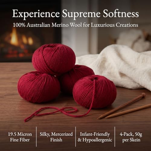 4-ply Australian Merino Ultra-fine 100% Wool Yarn, 4pcs=200g/7oz,Soft