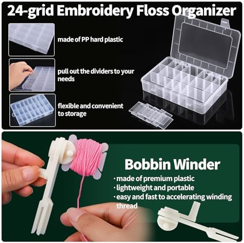 Yuahar 265Pcs Embroidery Floss Organizer Kit, 2 Removable 24-Grid