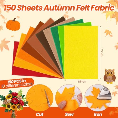 Peryiter 150 Pcs Fall Color Felt Fabric Sheets Bulk for Crafts