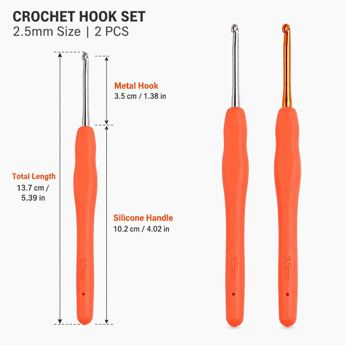2-Pack 2.5mm Crochet Hooks, Ergonomic Soft Grip Knitting Needles for