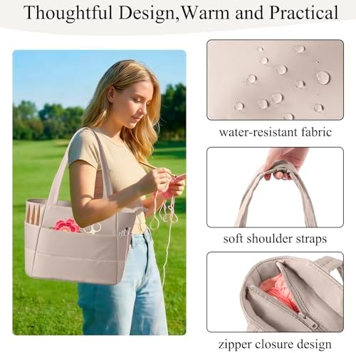 Crochet Bag for Yarn Storage, Puffer Knitting Bag with Soft Handles