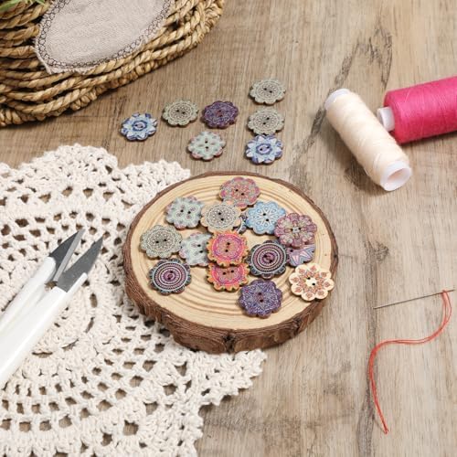 100 Pcs Vintage Wooden Flower Shaped Buttons, 0.59 Inch Wood Flower