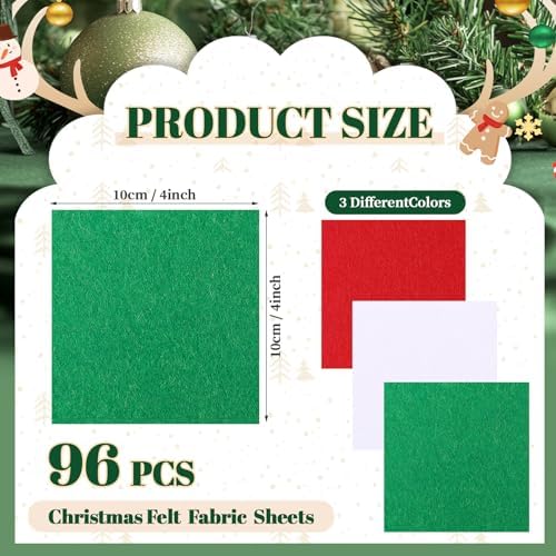 Tatuo 96 Pcs Christmas Felt Fabric Sheets 4 x 4‘’ Stiff Craft Felt,3
