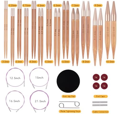 Weabetfu Bamboo Interchangeable Circular Knitting Needles, 13 Pair