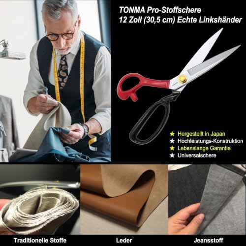 TONMA 12" True Left-Handed Fabric Scissors, Made in Japan, Heavy-Duty