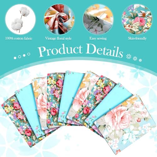 Boao 3 Pcs Cottage Floral Cotton Fabric Rose Print 36 x 62 Inch