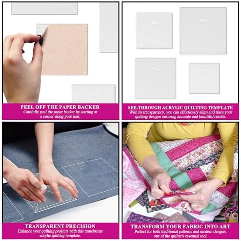 Square Quilting Template Set, 5", 6", 7", 8" with 1/4" Seam Allowance