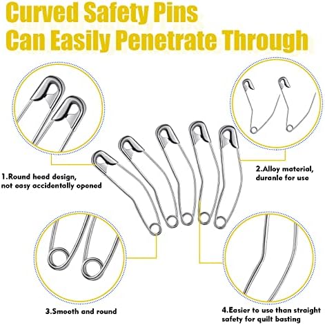 Cindeer 200 Count Curved Safety Pins, 2 Inch Sliver for Quilting
