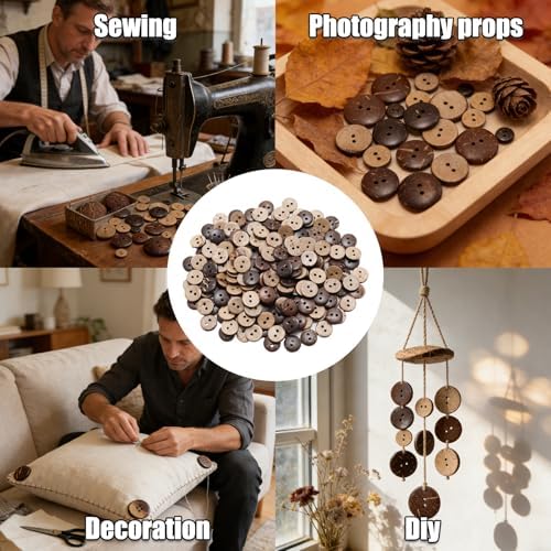 Lilaly 200 Pcs 11/32 inch Natural Coconut Shell Buttons, 2 Hole Big
