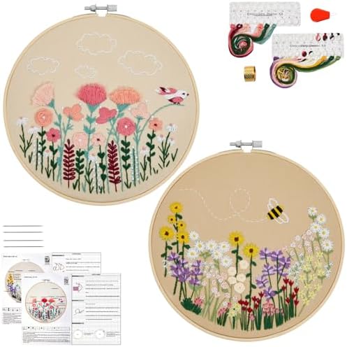 Flowers Embroidery Kits for Beginners, 2 Hoops