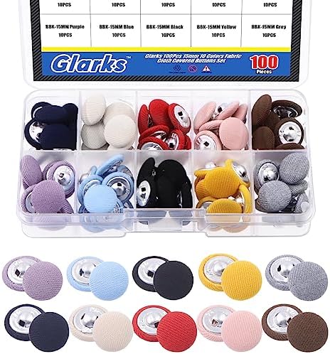 Glarks 100Pcs 10 Colors Fabric Cloth Covered Buttons Set, Metal Shank