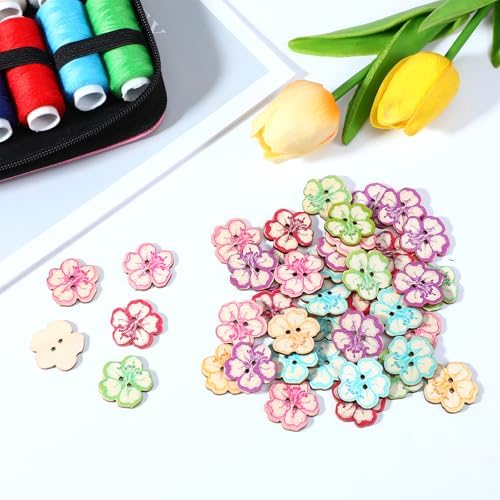 Xindojuz 50 PCS 1" Big Mixed Pattern Vintage Flower Wooden Buttons for