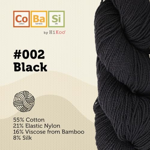 HiKoo CoBaSi Sock Yarn, Cotton, Bamboo, Silk, 50g, 220 yd, #002 Black