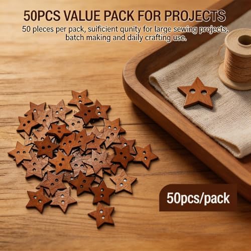 50PCS Five-Pointed Star Wooden Button Natural Vintage 20mm Hand-Sewn