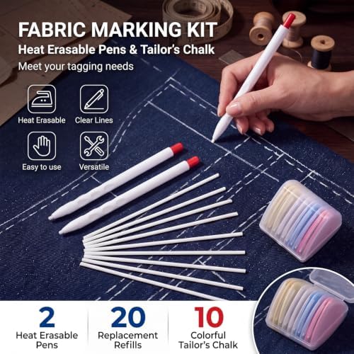 Jetec 2 Set Tailors Chalk, Heat Erasable Fabric Marker with 10 Refills