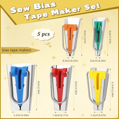 5 Sizes Bias Tape Makers Kit, 1/4" 3/8" 1/2" 3/4" 1" DIY Quilting