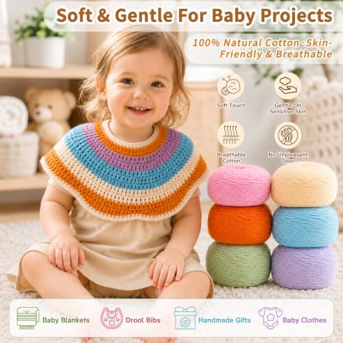 Coopay 1OO% Cotton Yarn for Knitting, Untwisted 16 Ply Soft Crochet