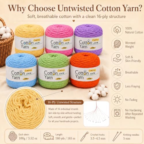 Coopay 1OO% Cotton Yarn for Knitting, Untwisted 16 Ply Soft Crochet