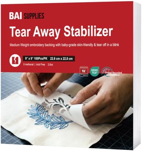 BAI Tear Away Stabilizer for Embroidery 2.0oz, 9"x9" 100 Sheets