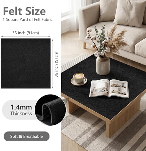 Black Soft Felt Sheet 36'' X 36'', 1.4mm Large Felt Fabric Sheet for