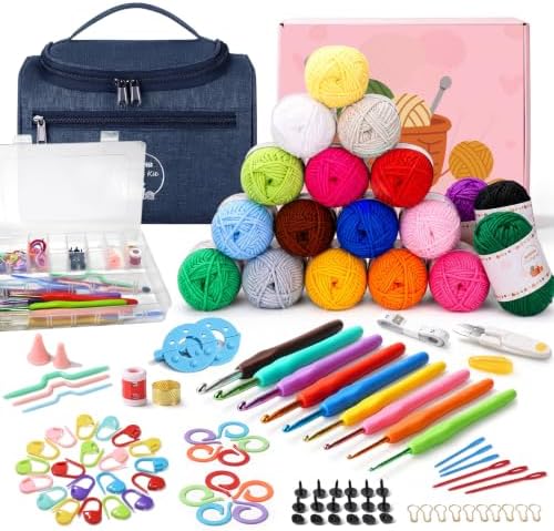 Crochet Kit for Beginners Adults & Kids,18-Roll Soft Yarn with Storage