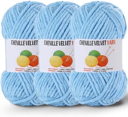 3 x 100g Fluffy Chenille Yarn, Bule