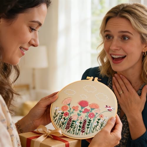 Flowers Embroidery Kits for Beginners, 2 Hoops