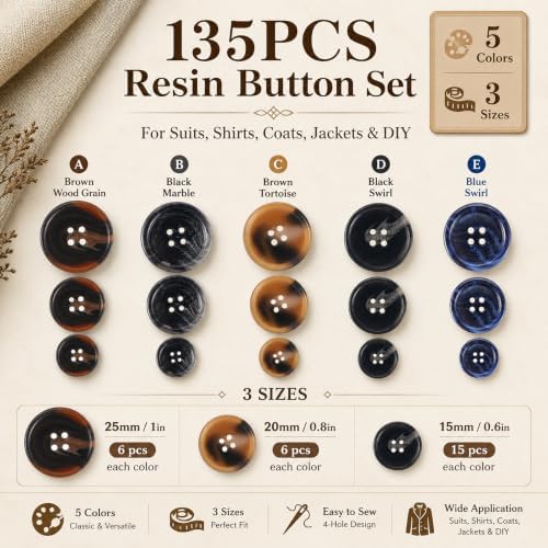 Assorted Buttons for Sewing Crafts,135Pcs 4-Hole Round Blazer Buttons