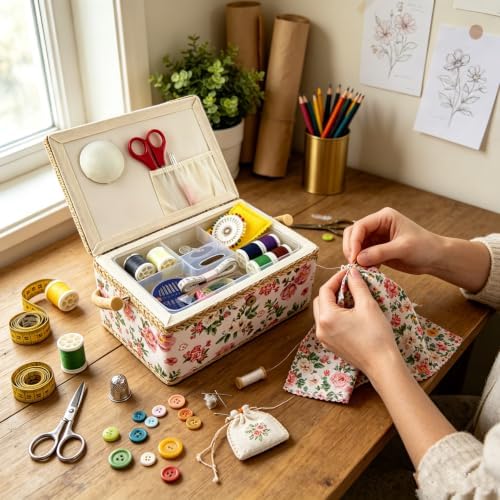 NROZIET Sewing Basket for Sewing Supplies, Wooden Sewing Kit Storage